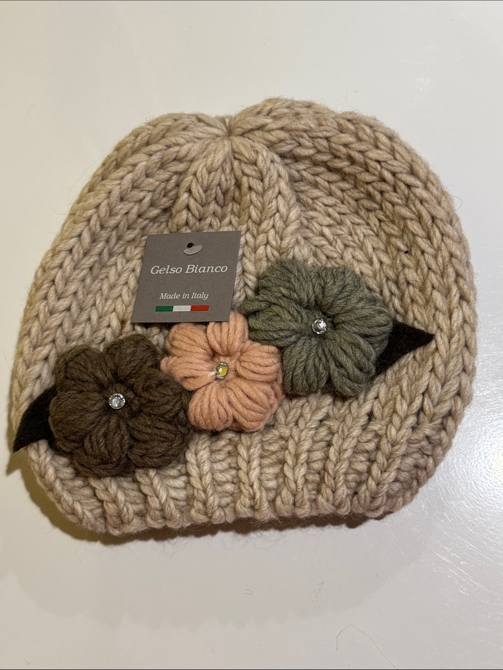 Gelso Bianco Women’s Beige Knit Beanie with Floral Embellishments